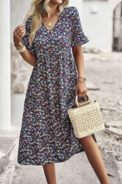 Back view of boho floral ruffle hem dress