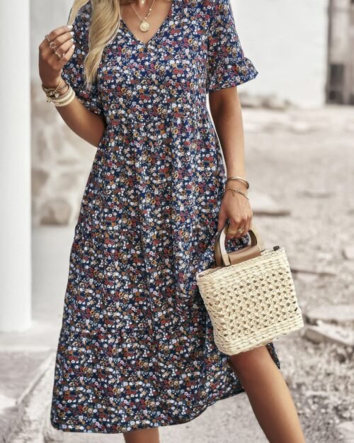 back view of boho floral ruffle hem dress