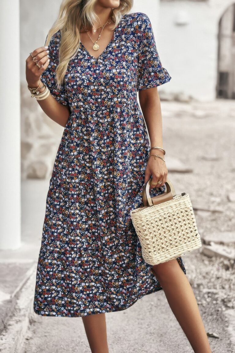 Boho floral ruffle hem v neck short sleeve dress - image 10
