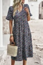 Boho Floral Ruffle Hem V Neck Short Sleeve Dress - Image 11