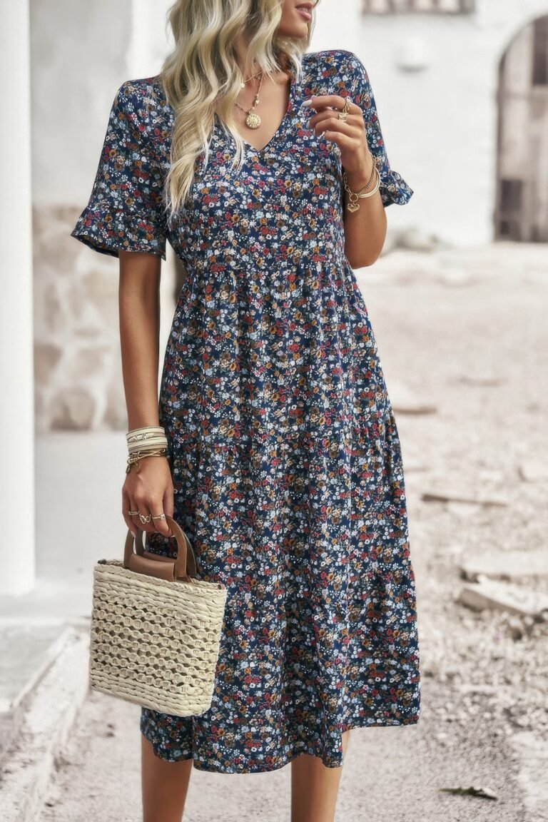 Boho floral ruffle hem v neck short sleeve dress - image 11
