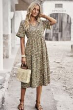 Boho Floral Ruffle Hem V Neck Short Sleeve Dress - Image 13