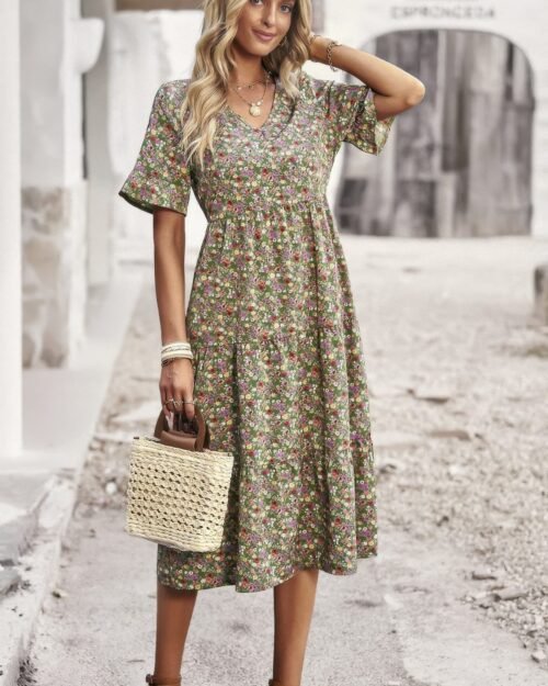 boho floral ruffle hem v neck short sleeve dress