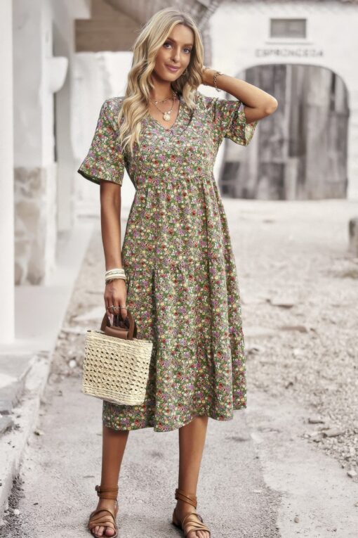 Boho Floral Ruffle Hem V Neck Short Sleeve Dress - Image 13