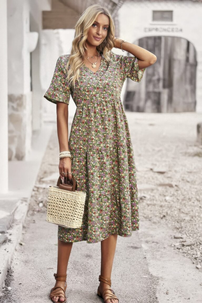 Boho floral ruffle hem v neck short sleeve dress - image 13