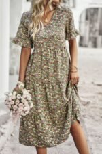 Boho Floral Ruffle Hem V Neck Short Sleeve Dress - Image 14