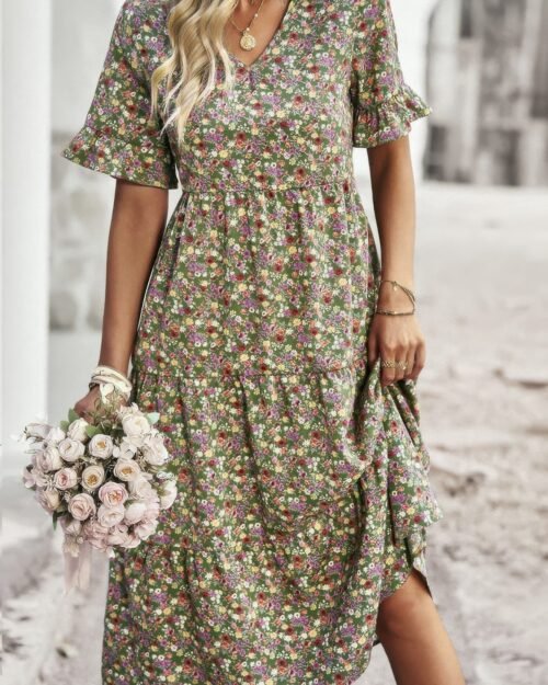 close-up of ruffle hem and floral print