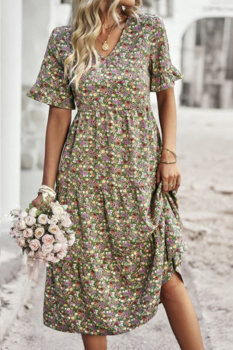 Boho floral ruffle hem v neck short sleeve dress - image 14