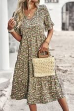 Boho Floral Ruffle Hem V Neck Short Sleeve Dress - Image 15