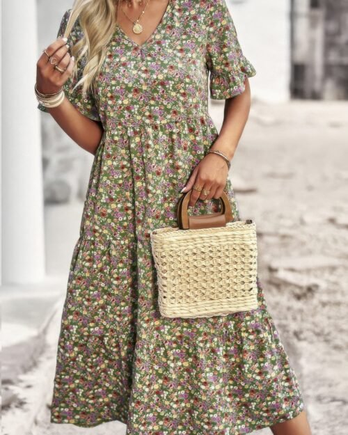 boho floral ruffle hem v neck short sleeve dress