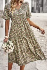 Boho Floral Ruffle Hem V Neck Short Sleeve Dress - Image 16