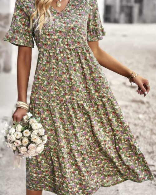 boho floral ruffle hem v neck short sleeve dress