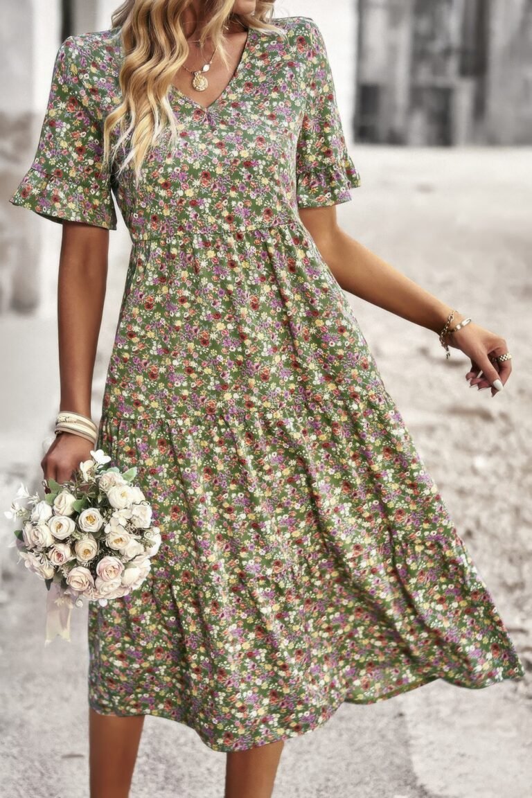 Boho floral ruffle hem v neck short sleeve dress - image 16