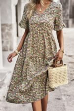 Boho Floral Ruffle Hem V Neck Short Sleeve Dress - Image 17