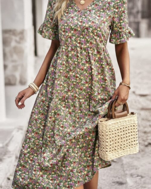 boho floral ruffle hem v neck short sleeve dress