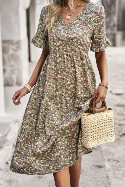 Boho Floral Ruffle Hem V Neck Short Sleeve Dress - Image 17