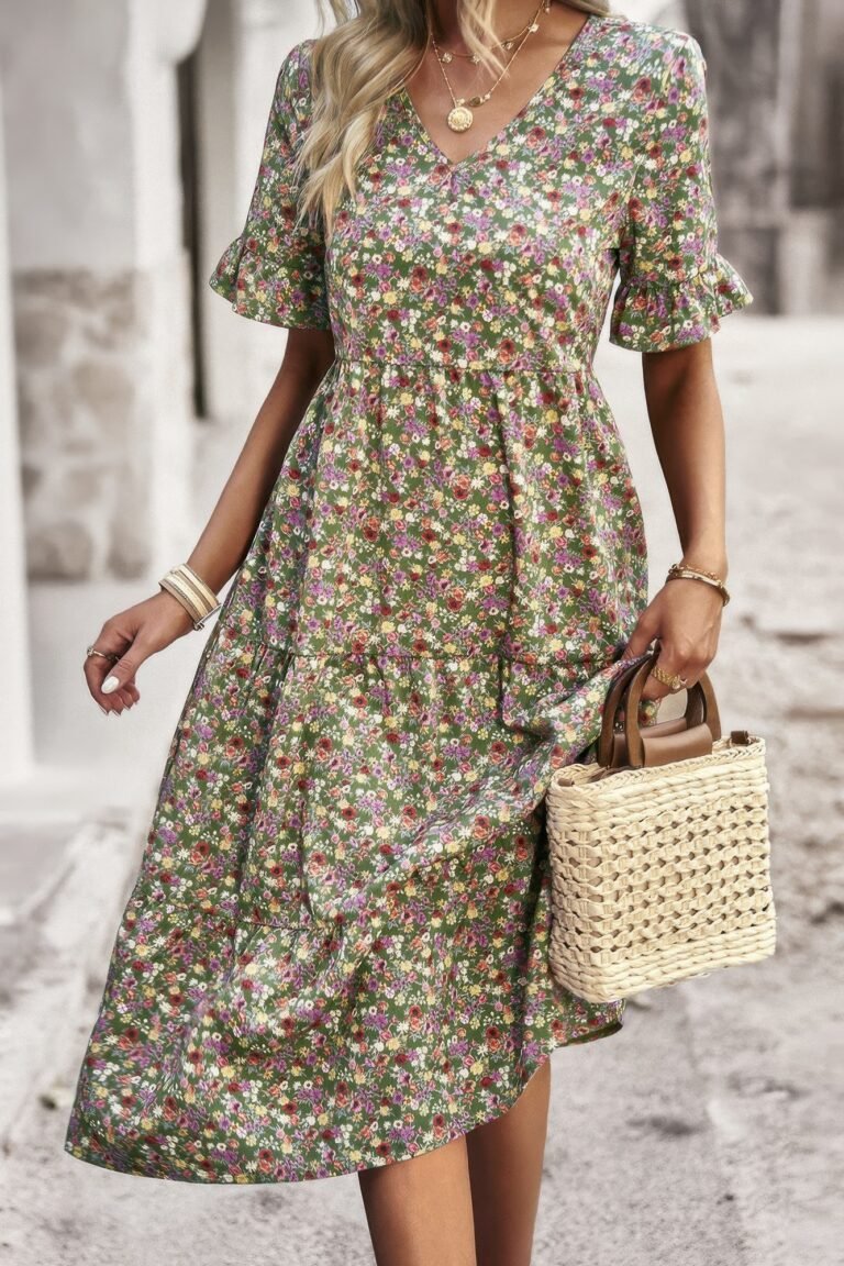 Boho floral ruffle hem v neck short sleeve dress - image 17