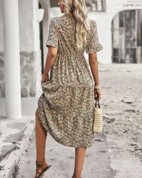 boho floral ruffle hem v neck short sleeve dress