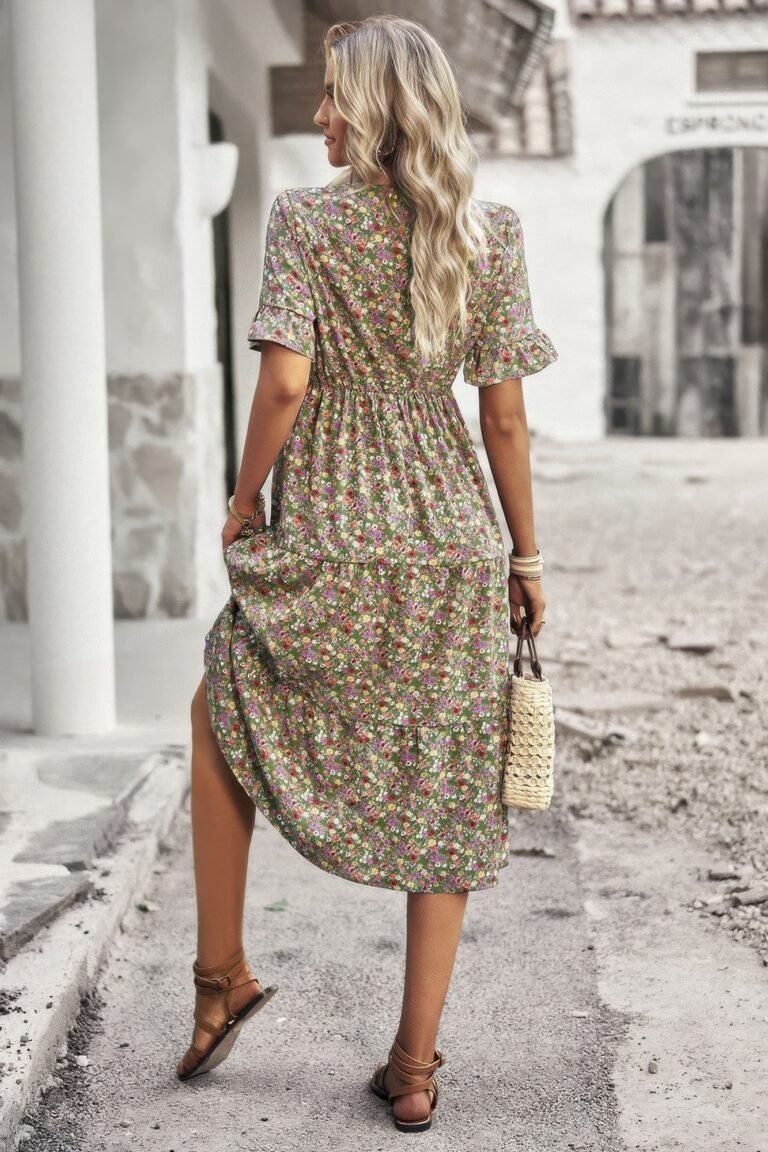 Boho floral ruffle hem v neck short sleeve dress - image 18