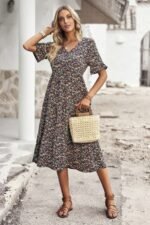 Boho Floral Ruffle Hem V Neck Short Sleeve Dress - Image 19