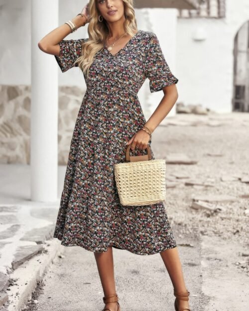 boho floral ruffle hem v neck short sleeve dress