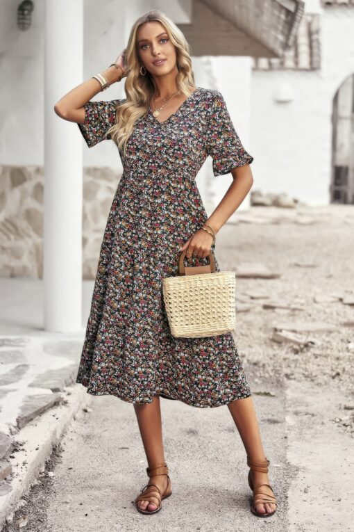 Boho Floral Ruffle Hem V Neck Short Sleeve Dress - Image 19