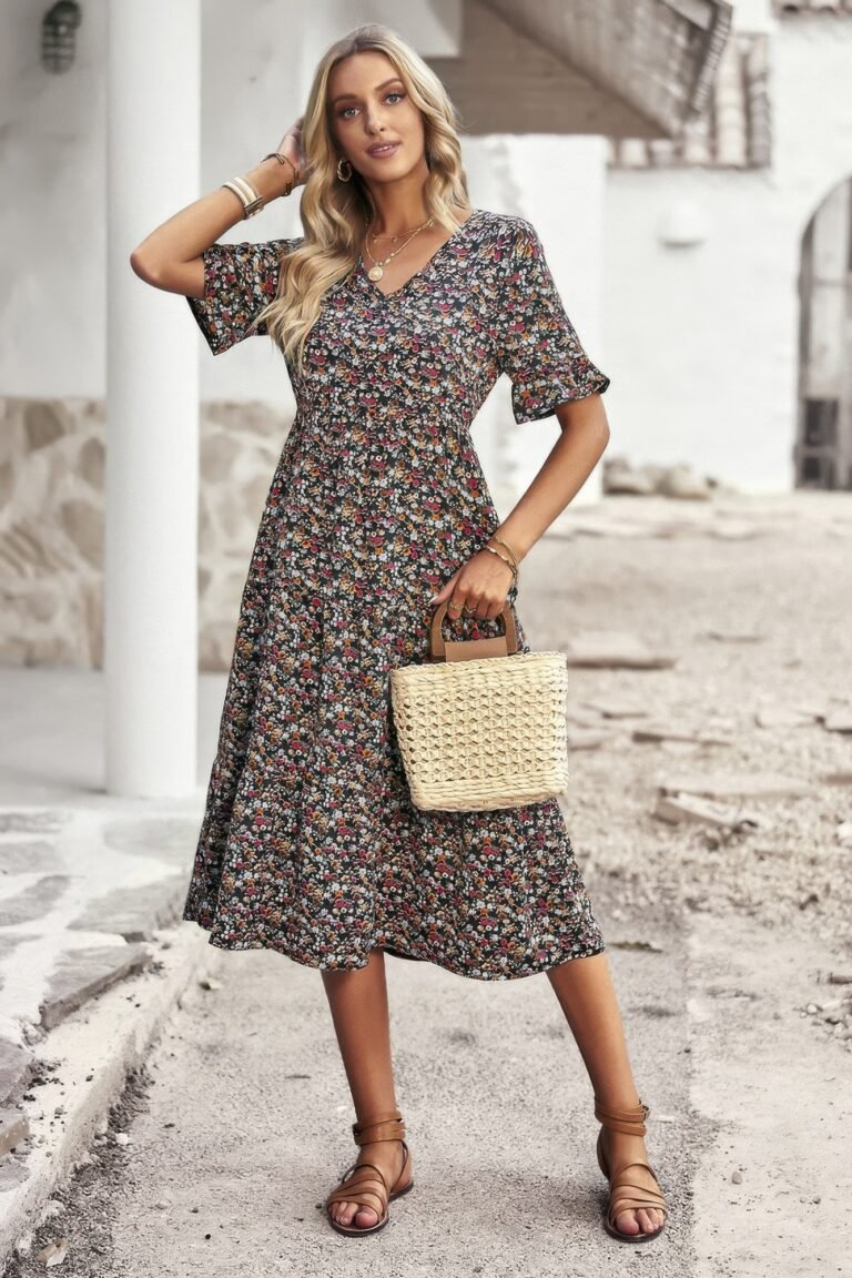 Boho floral ruffle hem v neck short sleeve dress - image 19