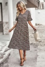 Boho Floral Ruffle Hem V Neck Short Sleeve Dress - Image 20