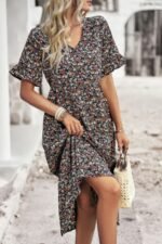 Boho Floral Ruffle Hem V Neck Short Sleeve Dress - Image 22