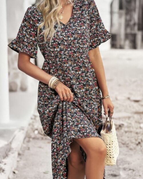 back view of boho floral ruffle hem dress