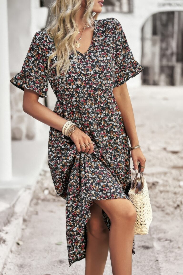 Boho floral ruffle hem v neck short sleeve dress - image 22
