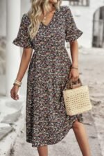 Boho Floral Ruffle Hem V Neck Short Sleeve Dress - Image 23