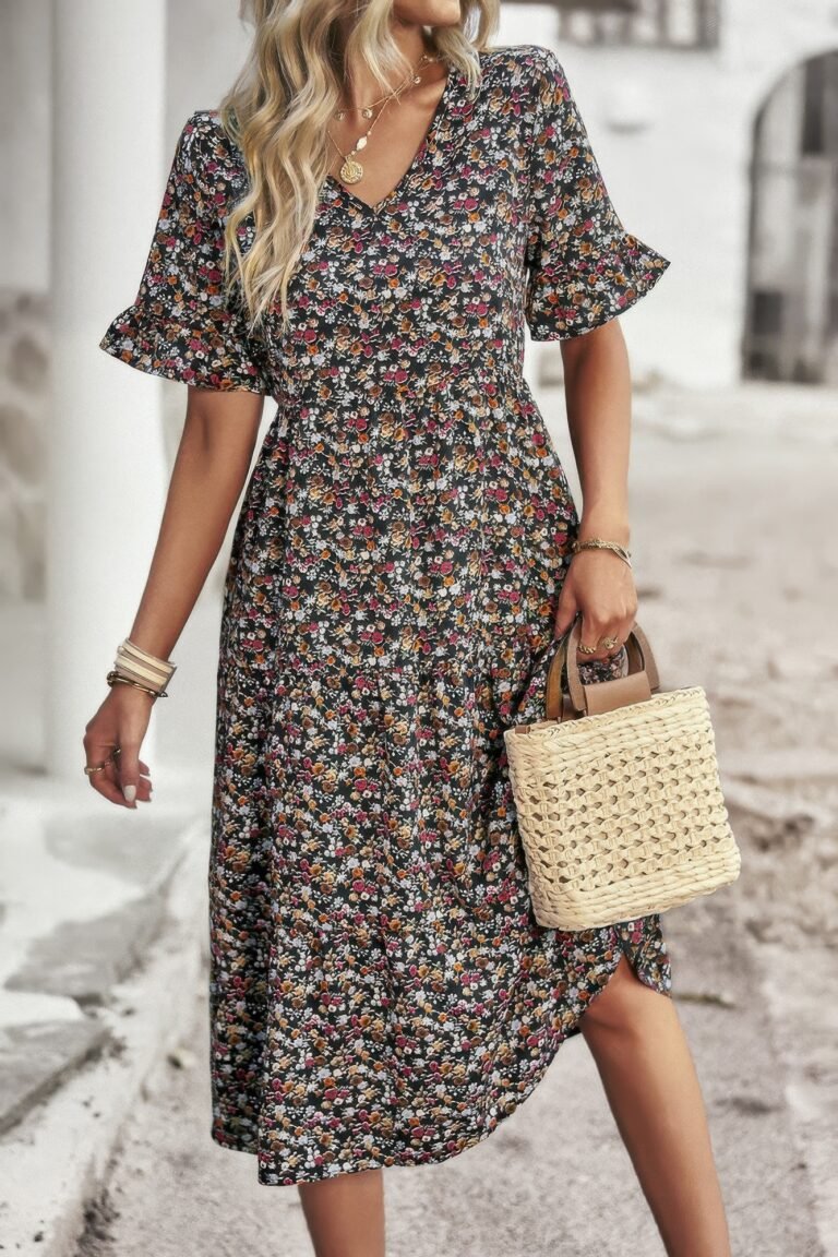 Boho floral ruffle hem v neck short sleeve dress - image 23