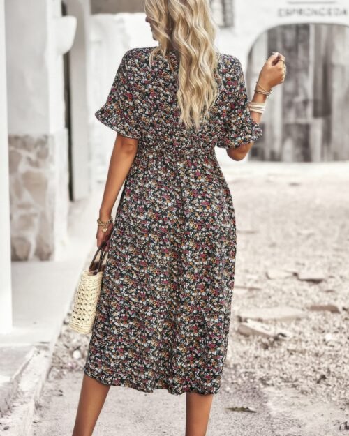 boho floral ruffle hem v neck short sleeve dress