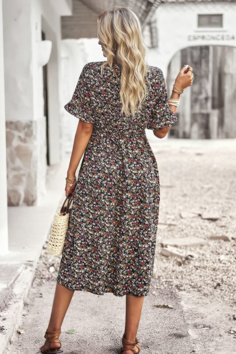 Boho floral ruffle hem v neck short sleeve dress - image 24