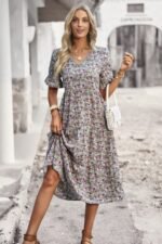 Boho Floral Ruffle Hem V Neck Short Sleeve Dress - Image 25