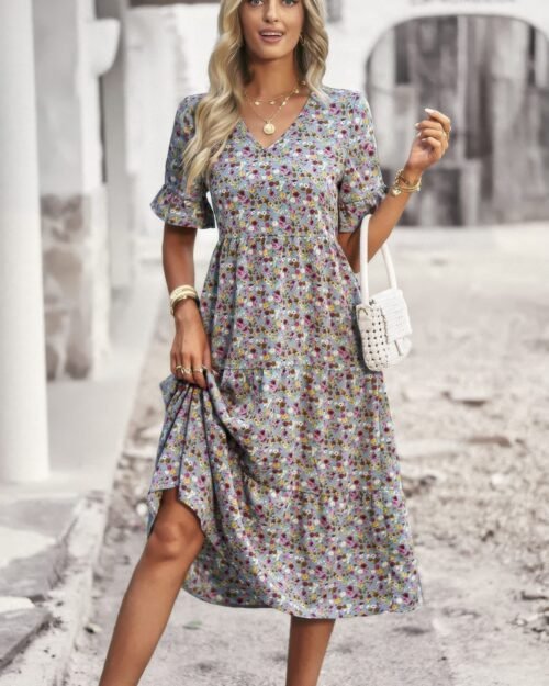 boho floral ruffle hem v neck short sleeve dress