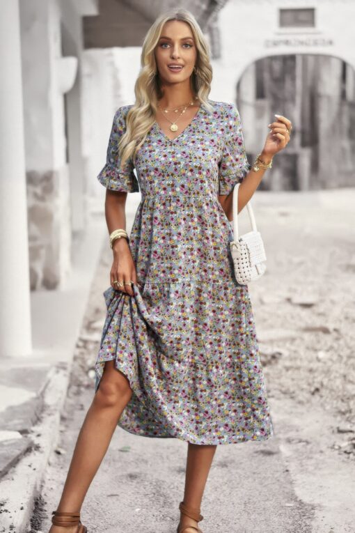 Boho Floral Ruffle Hem V Neck Short Sleeve Dress - Image 25