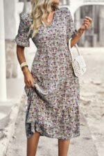 Boho Floral Ruffle Hem V Neck Short Sleeve Dress - Image 26