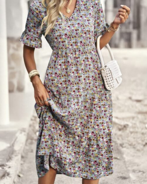 boho floral ruffle hem v neck short sleeve dress