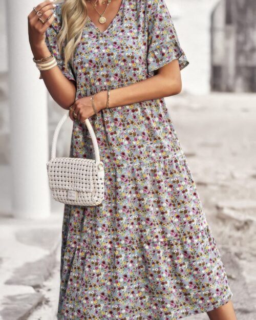 boho floral ruffle hem v neck short sleeve dress