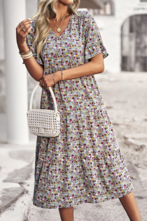 Boho Floral Ruffle Hem V Neck Short Sleeve Dress - Image 27