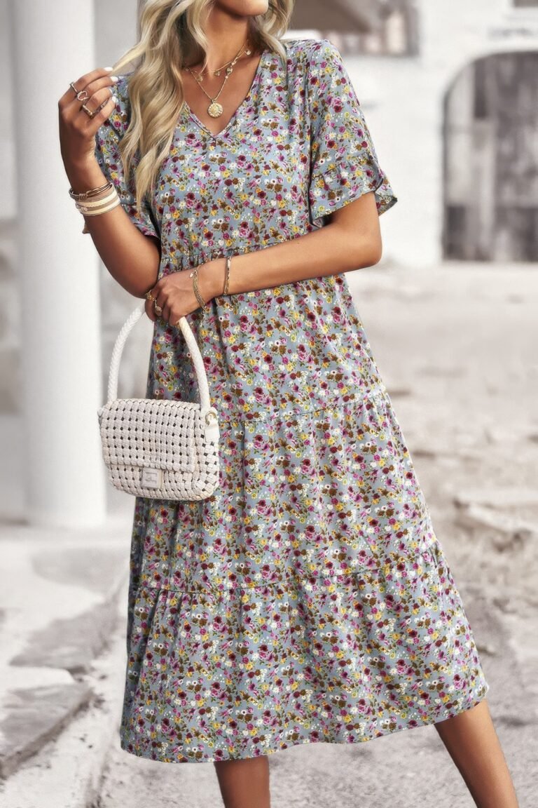 Boho floral ruffle hem v neck short sleeve dress - image 27