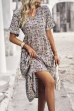 Boho Floral Ruffle Hem V Neck Short Sleeve Dress - Image 28