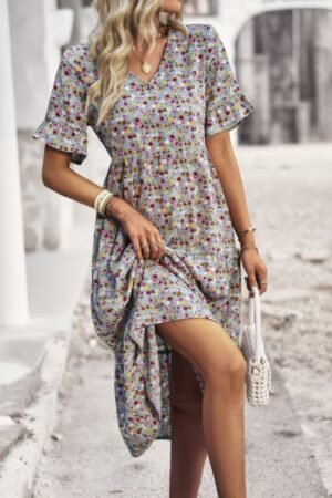 Close-up of ruffle hem and floral print