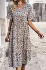 Boho Floral Ruffle Hem V Neck Short Sleeve Dress - Image 29