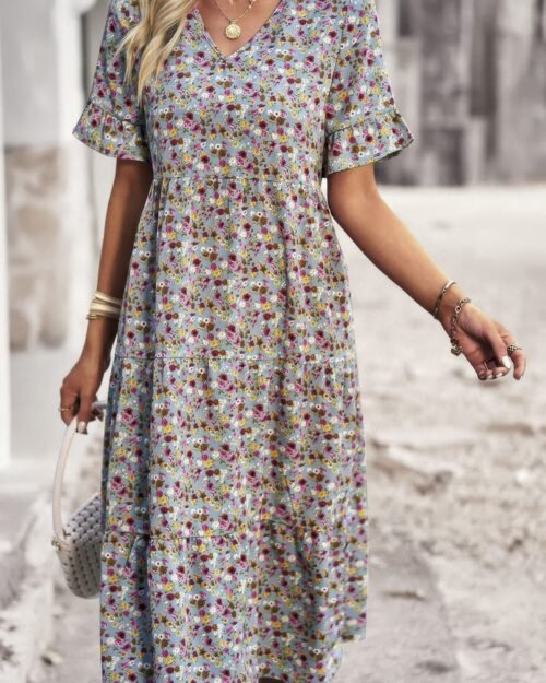 boho floral ruffle hem v neck short sleeve dress