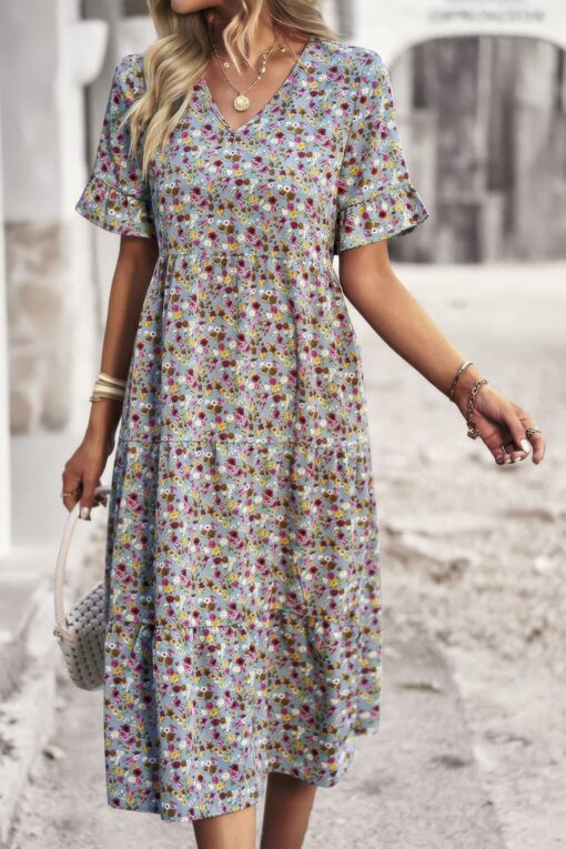 Boho Floral Ruffle Hem V Neck Short Sleeve Dress - Image 29