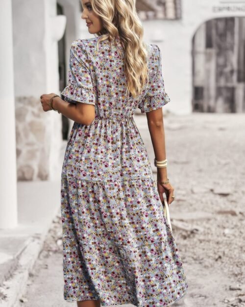boho floral ruffle hem v neck short sleeve dress