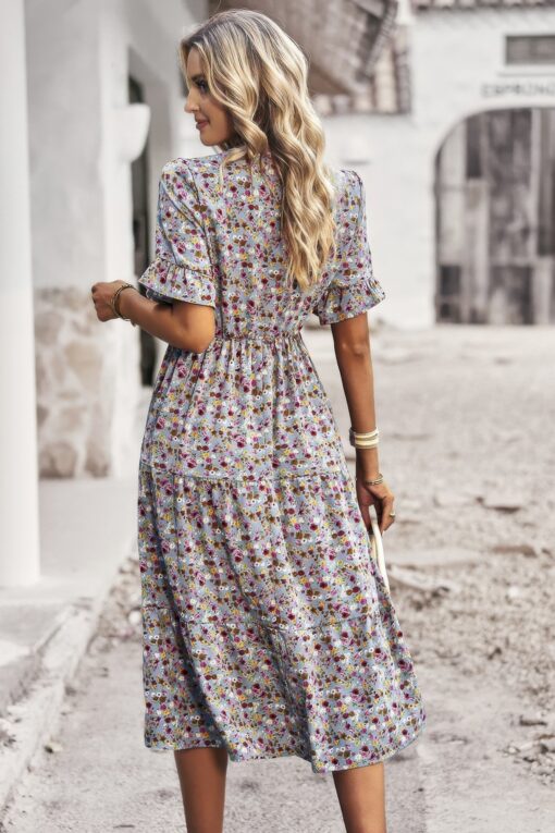 Boho Floral Ruffle Hem V Neck Short Sleeve Dress - Image 30